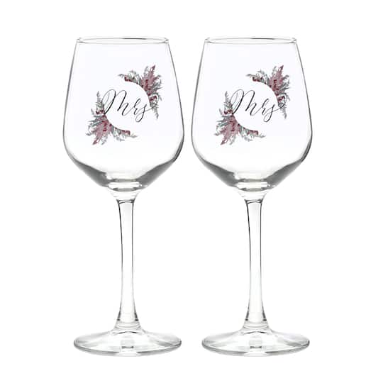 12oz. Mrs. &#x26; Mrs. Dried Floral Wine Glass Set